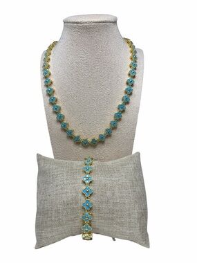 18K Gold Turquoise Clover Link Necklace and Bracelet Set